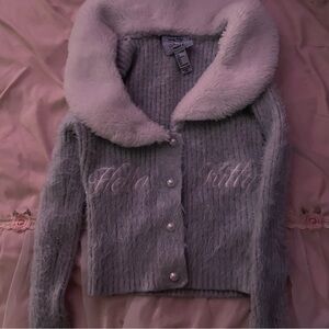 Forever 21 Baby Blue Cardigan with White Faux Fur Collar